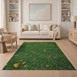 Lush Green Grass Area Rug with Autumn Leaves