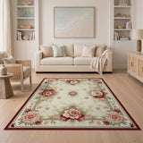 ODIKA Washable Traditional Floral Area Rug - Non-Slip Low Pile Vintage Cream & Burgundy Rug
