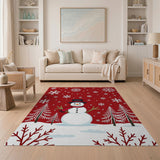 Festive Cartoon Snowman Red Area Rug