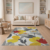 Yellow Red Grey Floral Cross-Stitch Area Rug