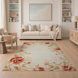 Vintage Red Poppy Floral Border Cream Area Rug