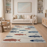 Striped Fish Coastal Area Rug in Navy Red