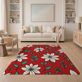 Vibrant Red Daisy Floral Area Rug with Teal Leaves