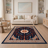 ODIKA Washable Navy Blue & Terracotta Bohemian Area Rug - Non-Slip Low Pile