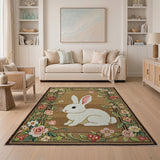 Charming White Bunny Pink Floral Border Rug