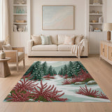 Snowy Pine Forest Path with Red Shrubs Area Rug