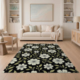 White Swirl Floral Area Rug on Black