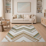 Layered Chevron Geometric Area Rug in Teal Beige