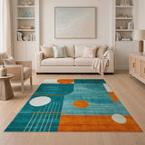 Teal Geometric Area Rug with Orange Sun Circles