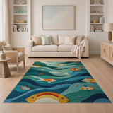 Teal Ocean Waves with Colorful Fish Area Rug