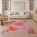 Vibrant Pink Floral Bird Area Rug