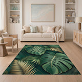 Lush Monstera Leaf Green Area Rug with Gold Accents