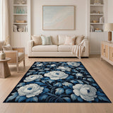 ODIKA Blue and White Peony Washable Rug - Low Pile Floral Area Rug