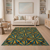 Blue and Teal Gold Starburst Geometric Area Rug