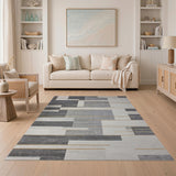 Modern Grey Geometric Block Area Rug with Gold Accents