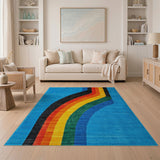 Curved Multi-Color Stripe Blue Area Rug