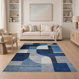 Blue and Teal Blue Grey Geometric Abstract Area Rug