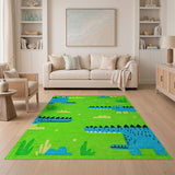 Green Playful Cartoon Crocodile Kids Area Rug