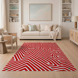 Bold Red Maze Geometric Area Rug with Green Accents