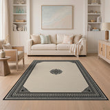 Ornate Beige Area Rug with Black Frame