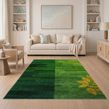 Green Gradient Striped Area Rug with Golden Leaf