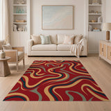 Multi-color and Patterns Vibrant Red Wave Abstract Area Rug