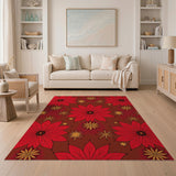 Festive Red Poinsettia Golden Star Area Rug