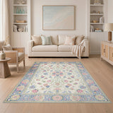 Beige Floral Vintage Area Rug with Pink Accents