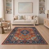 Vibrant Orange Persian Area Rug with Navy Borders