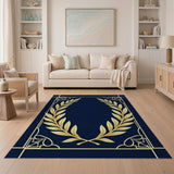 Navy Blue Gold Laurel Wreath Area Rug