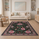 Pink Peony Floral Persian Area Rug on Black