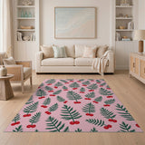 Pink Fern Fronds Red Berry Pattern Area Rug