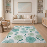 Teal Roses Floral Pattern Area Rug