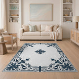Ornate Navy Blue Floral Border Rug
