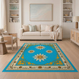 Blue Daisy Floral Rug with Ornate Gold Border