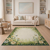 Dewy Green Vine Flower Border Area Rug