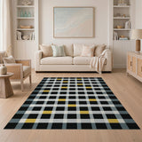 Black Checkered Rug with Yellow Accents