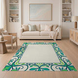 Teal Green Ornate Floral Border Area Rug