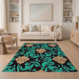 Teal Floral Damask Area Rug with Beige Dome Motifs
