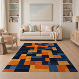 ODIKA Modern Geometric Washable Rug - Blue & Orange Abstract Non-Slip Low Pile Area Rug