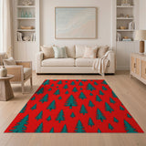 Bold Red Teal Pine Forest Pattern Area Rug