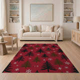Red Pine Trees Snowflakes Holiday Pattern Area Rug