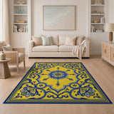 Golden Yellow Persian Area Rug with Blue Floral Medallion