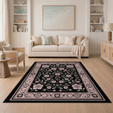 Vintage Pink Rose Floral Black Area Rug