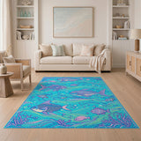 Vibrant Teal Ocean Fish Area Rug