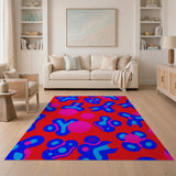 Vibrant Red Abstract Rug with Blue Pink Blobs