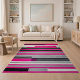 Vibrant Pink Black Grey Geometric Stripe Rug