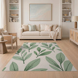 Botanical Green Leaves on Beige Area Rug