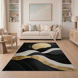 Washable Modern Black & Gold Abstract Wave Area Rug