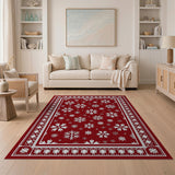 Festive Red Snowflake Area Rug with Floral Borders